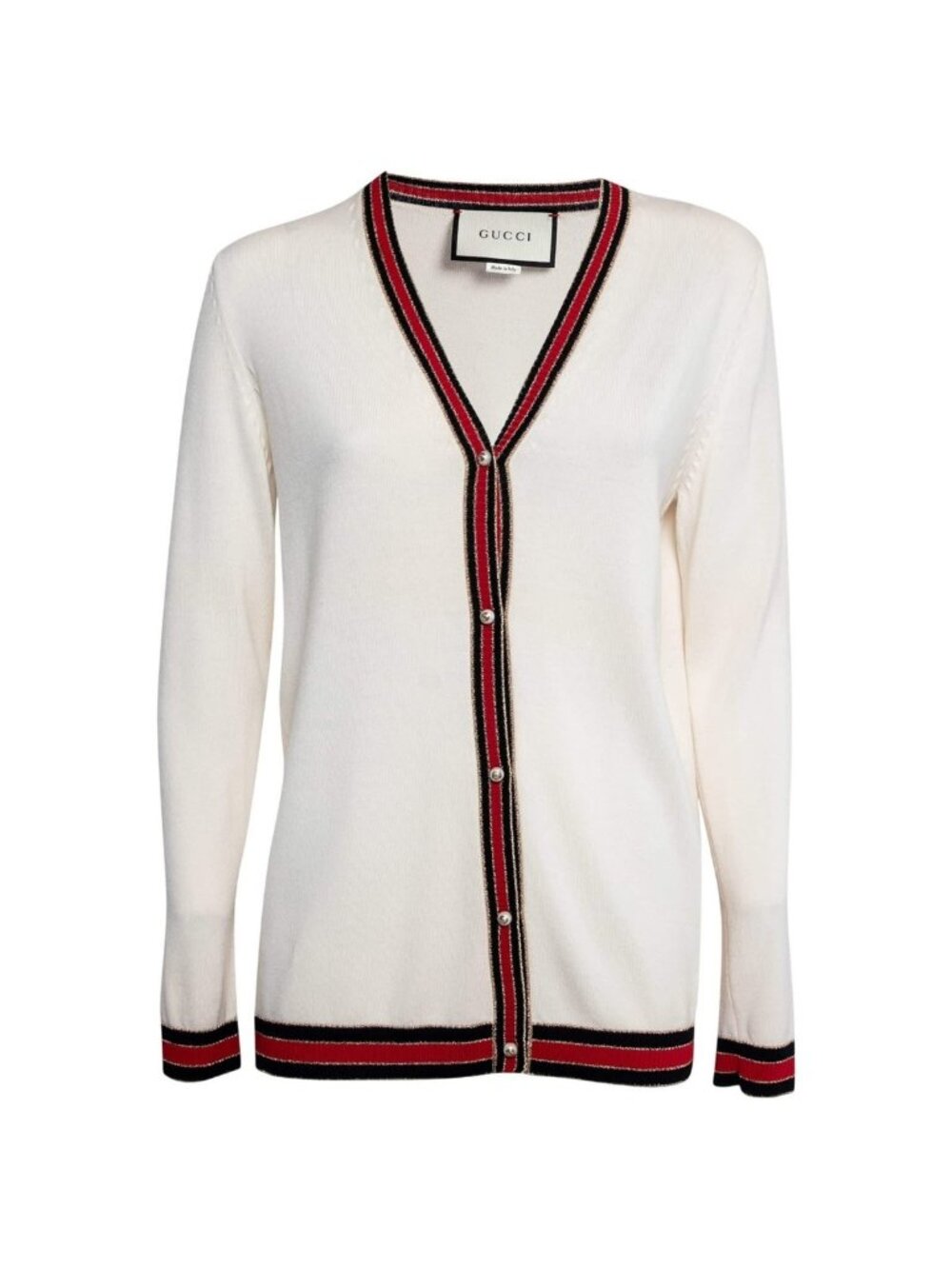 Gucci Ivory Cream Web Stripe Trimmed Buttons Wool Cardigan Sweater Long Sleeve